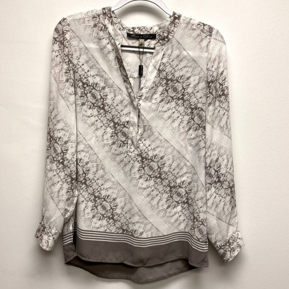 Rose + Olive Ivory and Taupe V-Neck Long Sleeve Abstract Blouse - Size Small